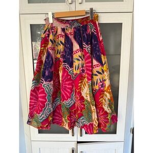 T.U. Floral Patchwork Midi Skirt Pink Purple Multi Smocked Waist Boho Women OS